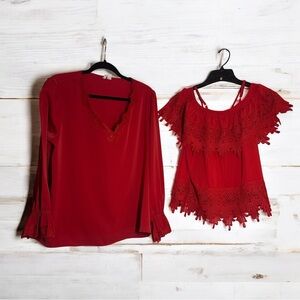 Elegant Red Lace Trim Blouse Set